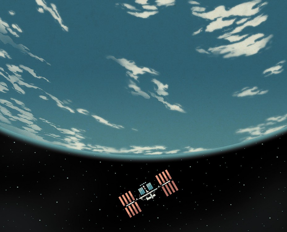 illustration of space station hovering below a huge section of the curved Earth that is entirely ocean