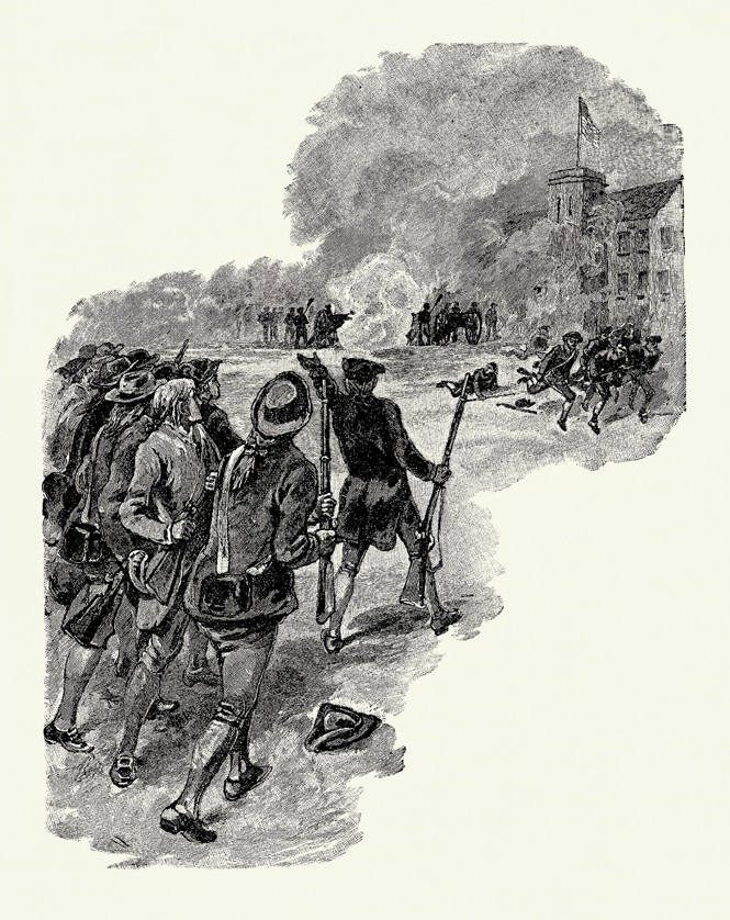 black-and-white engraving of men armed with muskets advancing on building flying the US flag with military and cannon in distance 