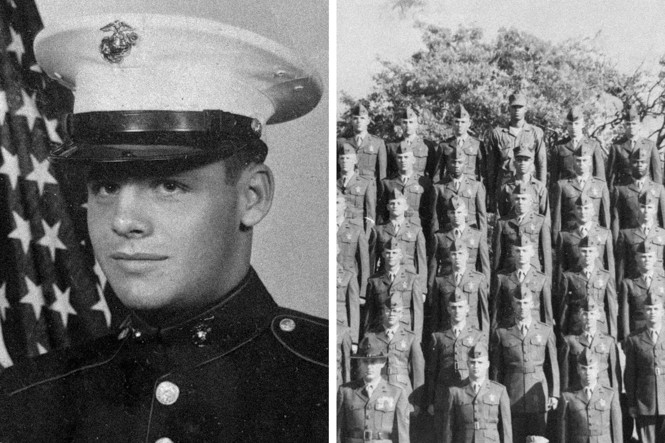 A diptych of two black and white photos. On the left is a young marine and on the right is a group of marines lined up.