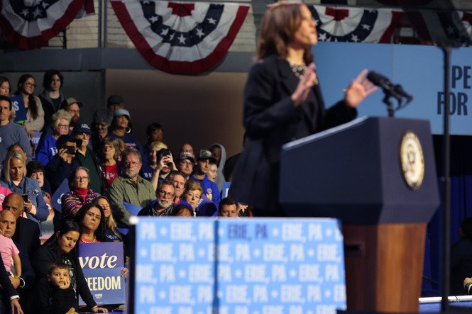 Harris speaking at a campaign rally