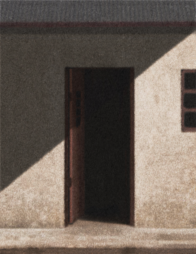 illustration of open doorway in half sun with harsh shadow falling across it and darkness within