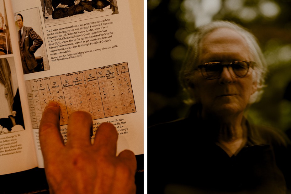 In a diptych, the left image shoes a hand pointing at a list in a book and on the right there is a blurry portrait of a white man.