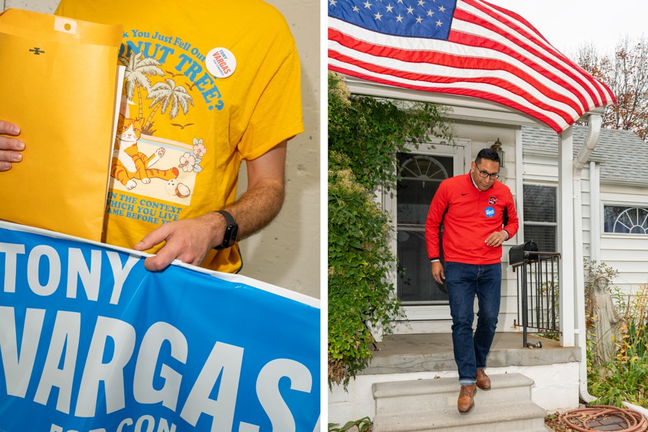 In a diptych, a person with a yellow shirt on holds a blue sign for Tony Vargas and in the right, Tony Vargs walks down front stairs of a house with an American flag above him.