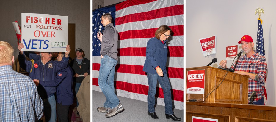 In a triptych, a man holds up a sign; two people walk in opposite directions on a stage in front of an American flag, and a man in a plaid shirt speaks at a podium.