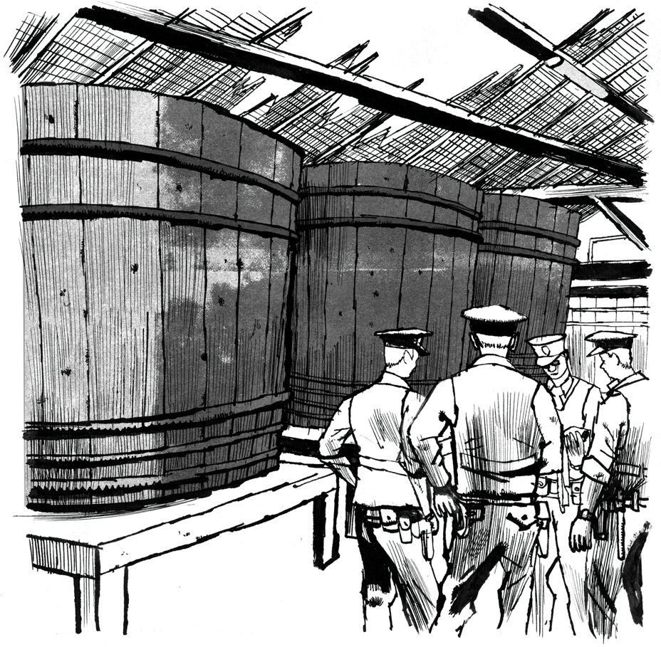 black-and-white ink illustration of group of uniformed police officers standing next to large wooden vats