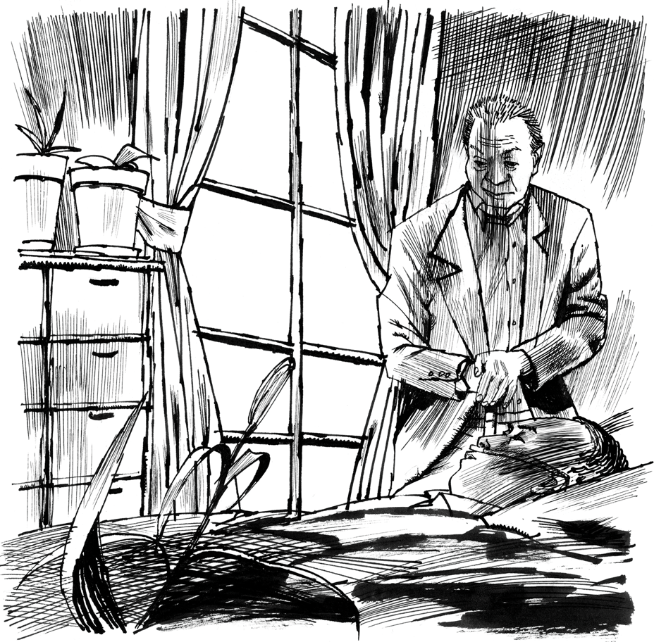 black-and-white ink illustration of older man standing with hands clasped at the bedside of a sick man with eyes closed, with window in background