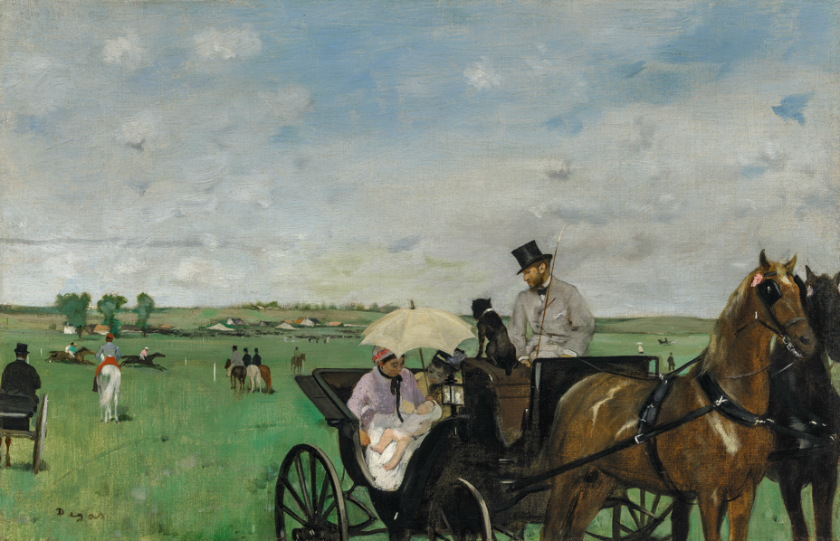 painting of two women with baby sitting in carriage under umbrella with driver in top hat looking down at them, with green field and other groups in background