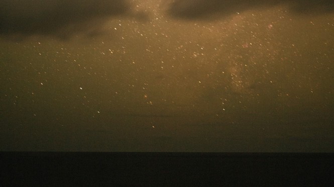 A cloudy green-gray sky over a stretch of dark water