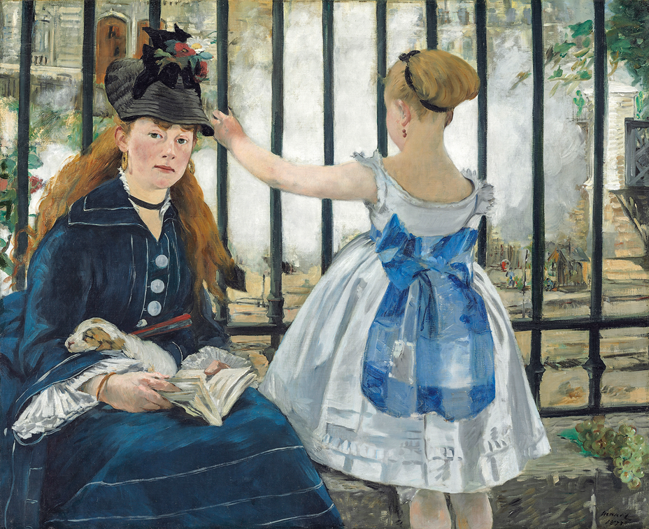 painting of a girl with back turned wearing white dress with blue bow grips an iron fence next to a woman in large hat looking up from her reading