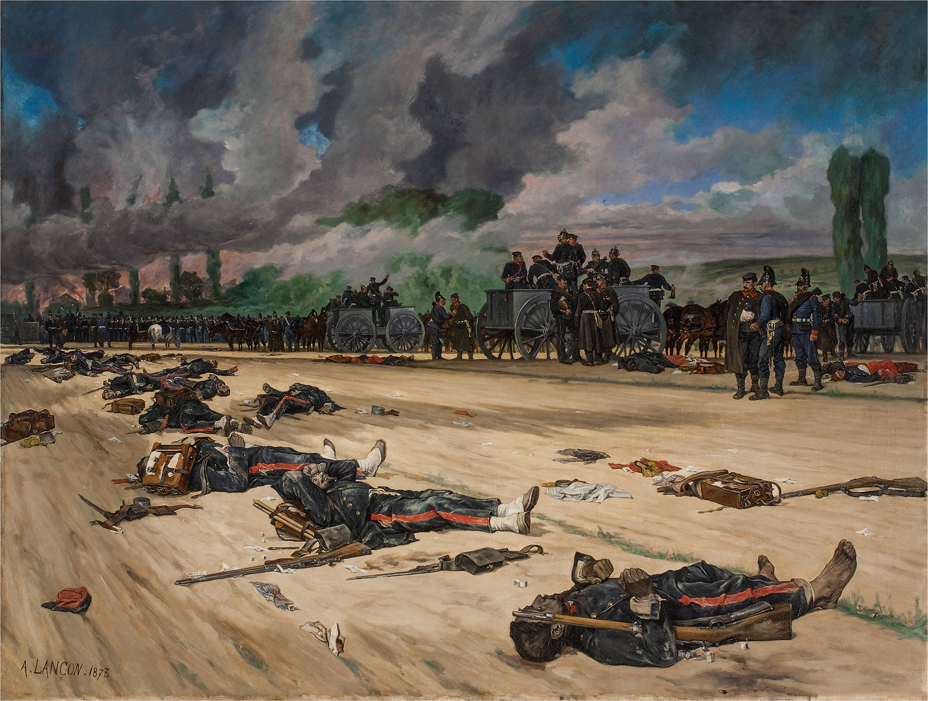 painting of a broad road with a line of dead soldier's corpses, with smoke and groups of soldiers and wagons in the background