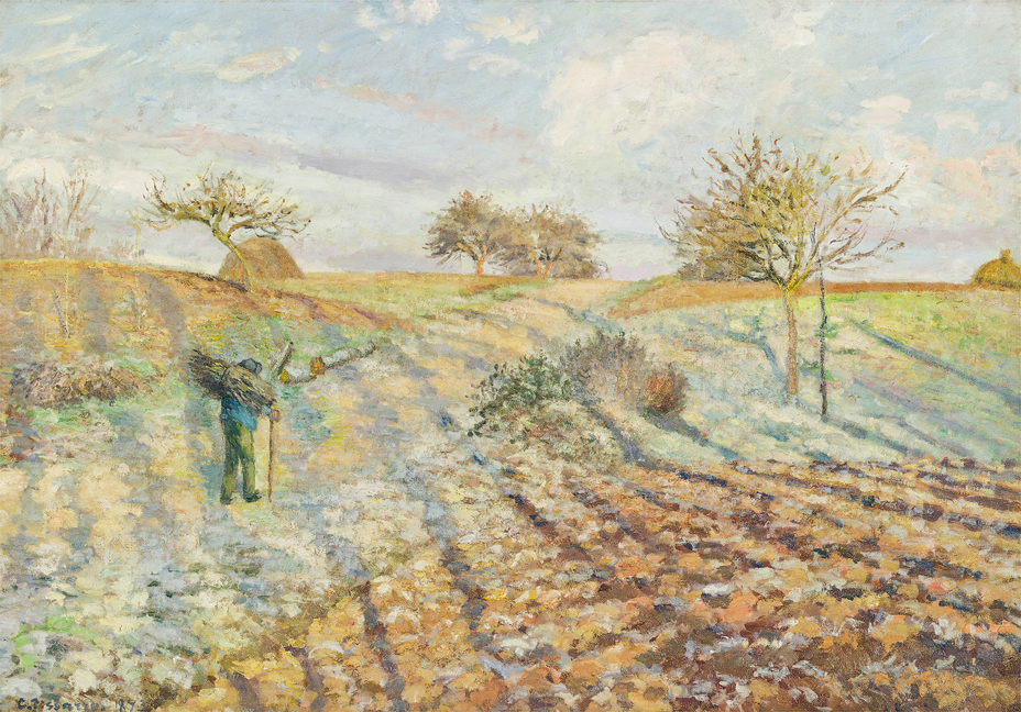 painting of a landscape with person walking through field whitened with frost, with trees in background;