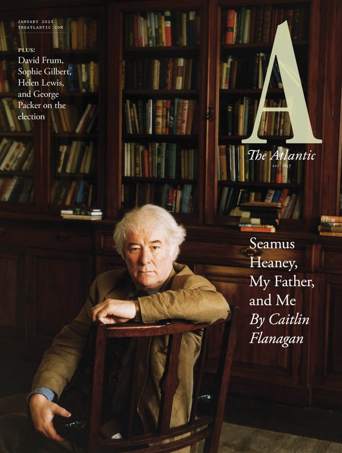 image of January 2025 cover with Seamus Heaney seated in library of books