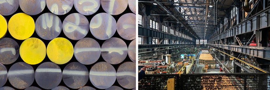 In a diptych there is a detail shot of steel circles and next to it is a large warehouse