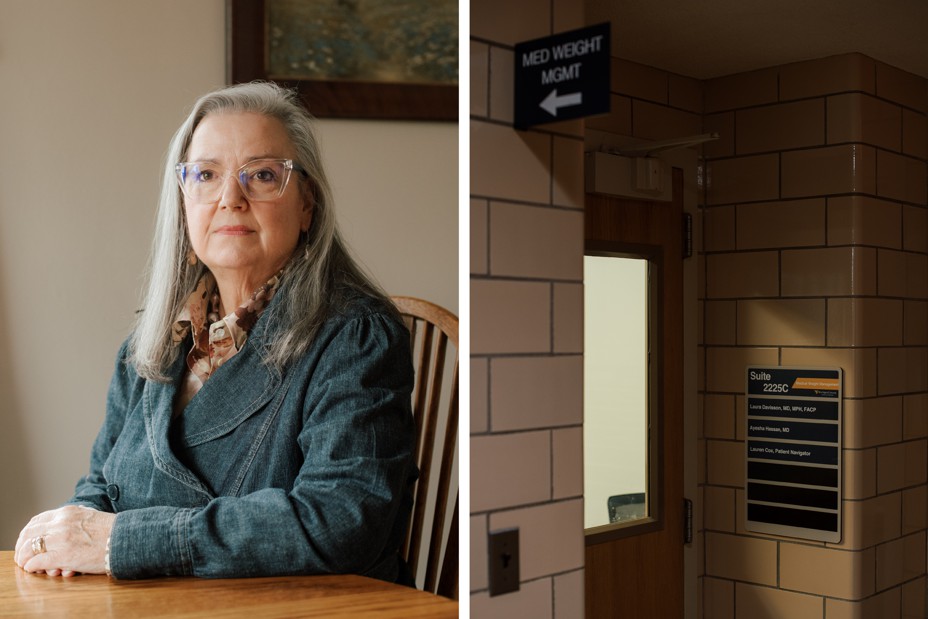 In a diptych there is a woman sitting at a table next to a dark hallway at a hospital