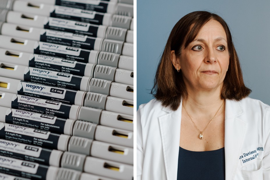 In a diptych there is one image with Wegovy medicine next to a portrait of a woman with a lab coat on