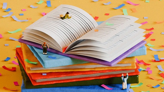 An illustration of colorful books on top of each other