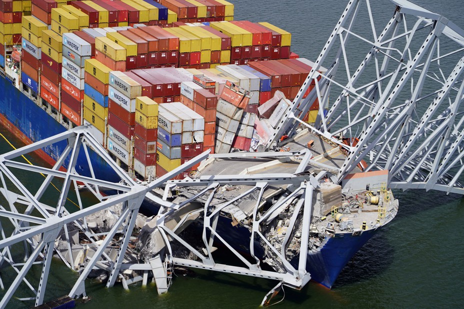 An aerial view of the cargo vessel Dali, seen after it had crashed into the Francis Scott Key Bridge, causing it to collapse, in Baltimore, Maryland, on March 26, 2024