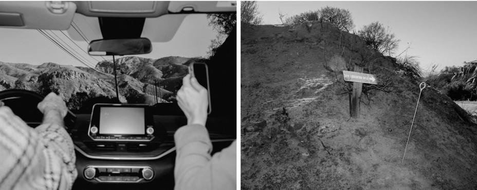 In two photos there is a scene of the front of the car with two people navigating with a phone and in the other is an upside down sign on the side of the road