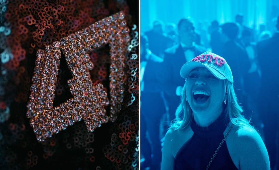 In a diptych there is a 47 pin with sequins and a girl laughing in blue light at a dance