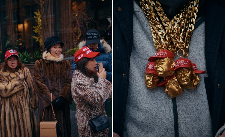 In two photos a group of women in fur coats smile and a detail of gold Donald Trump necklaces 