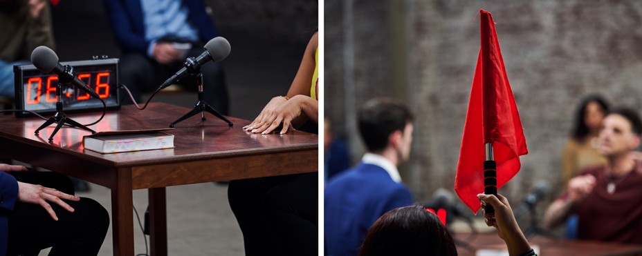 In two photos there is microphones on a table and hands of two people debating, and a person raising a red flag