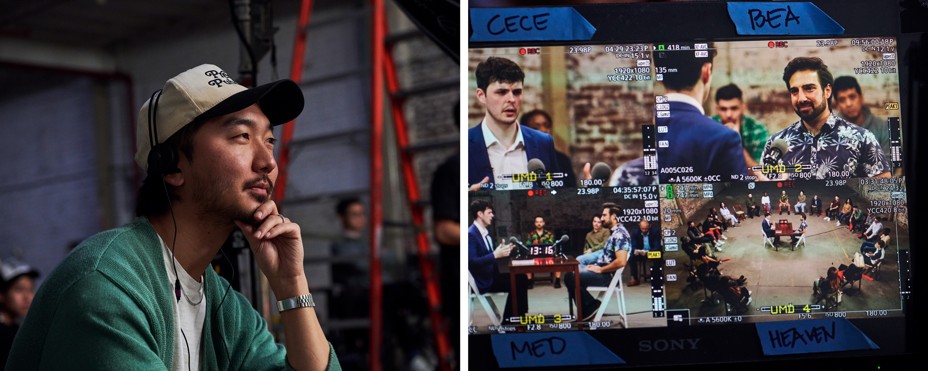 In two photos, a man wearing head phones has his hand resting on his chin smiling slightly, and a detail shot of a filming screen