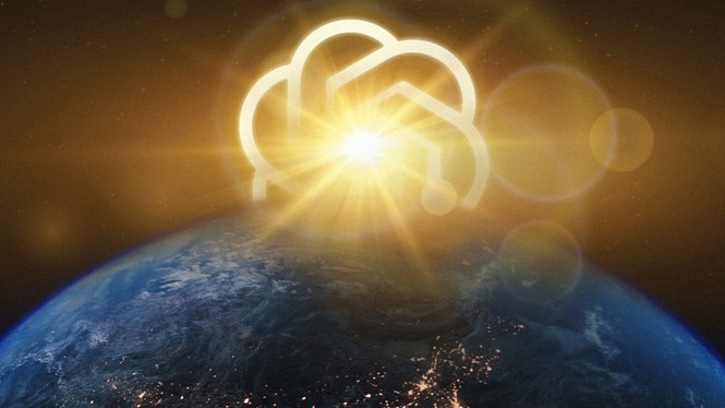 Illustration of the OpenAI logo rising like the sun behind earth