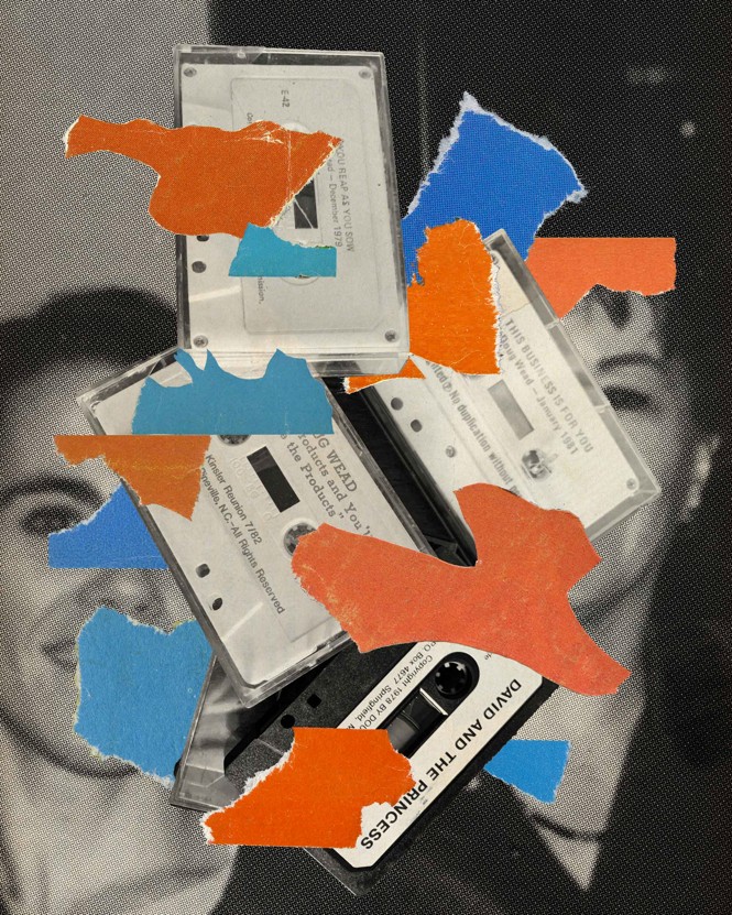 A mixed media collage showing cassette tapes overlaid on top of an image of Andrea Pitzer and her mother.