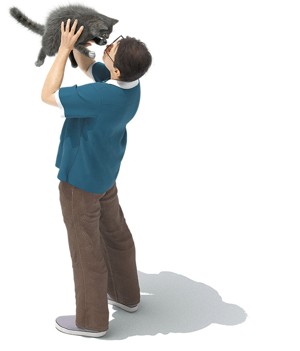 Illustration of standing person holding a gray cat up above their head, nose to nose