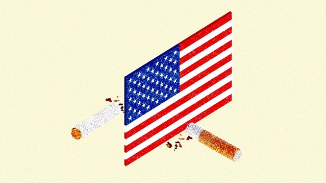 A graphic illustration of a card-like American flag breaking a cigarette in half