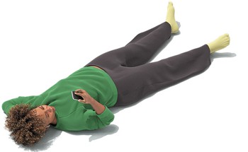 illustration of person in sweats and socks lying on floor with one arm under head and the other holding a smartphone