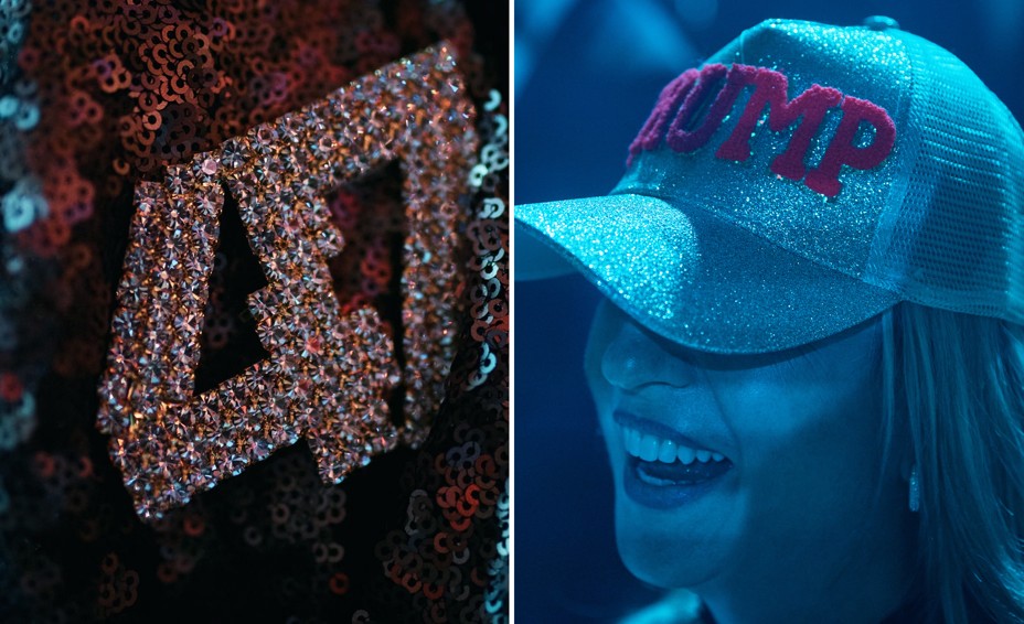 In a diptych there is a 47 pin with sequins and a girl laughing in blue light at a dance