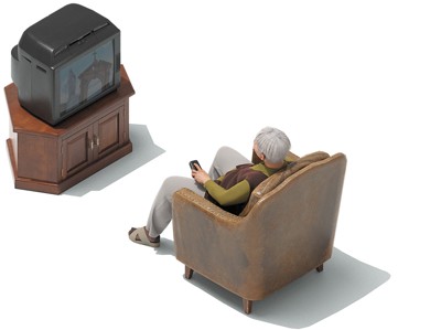 illustration of person with gray hair seated in brown easy chair watching television on wooden cabinet and holding remote control