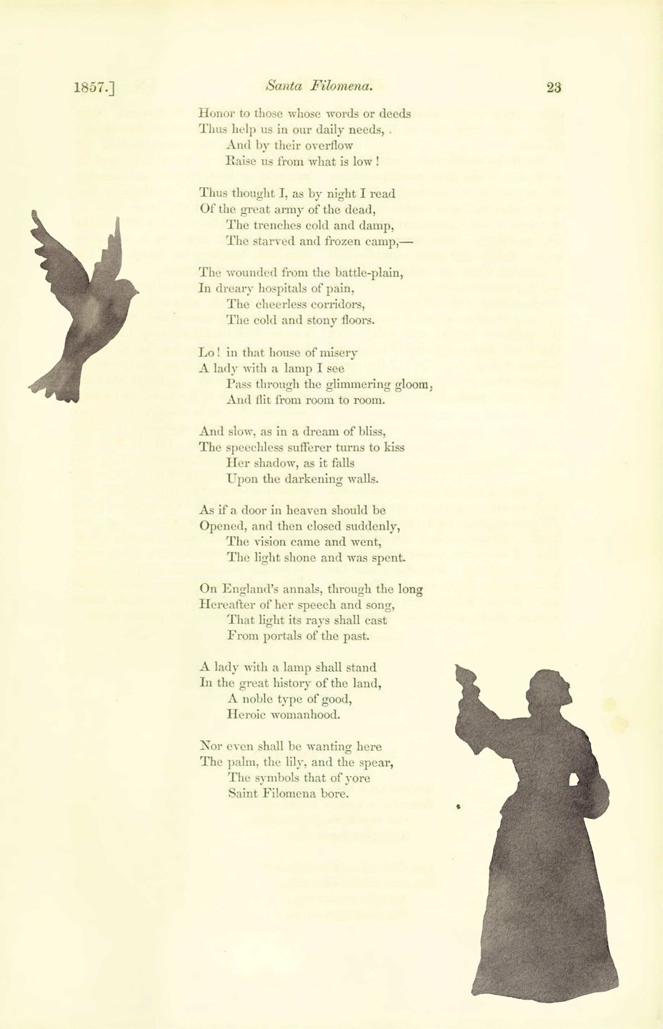 The original magazine page with a silhouette of a flying bird and a woman holding a lamp layered over it.