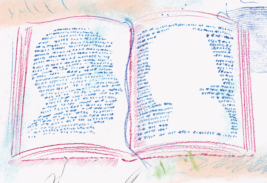 Illustration of a book open flat, with a blue string along the center spine -- on the left page, a male head in profile made up of blue handwritten lines; on the right page, a facing head in profile made up of white space surrounded by blue handwritten lines