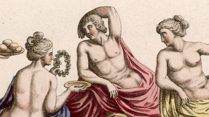 Illustration of two topless women draped in robes making an offering to a topless man in robes