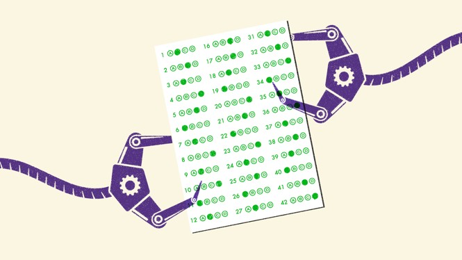 Illustration of robotic hands holding Scantron tests