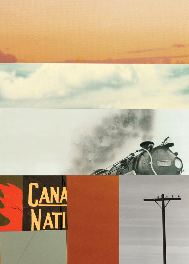 collage-style illustration with images of sunset, blue sky, old-fashioned steam train, part of Canadian National logo, and telegraph pole