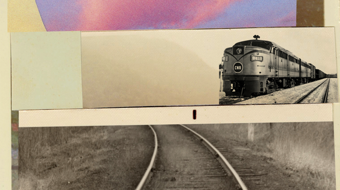 A portrait-oriented collage featuring horizontal strips of photos of (from top to bottom) pink clouds, a train seen from the front, railroad tracks, a rail worker, and a landscape where prairie and mountain meet.