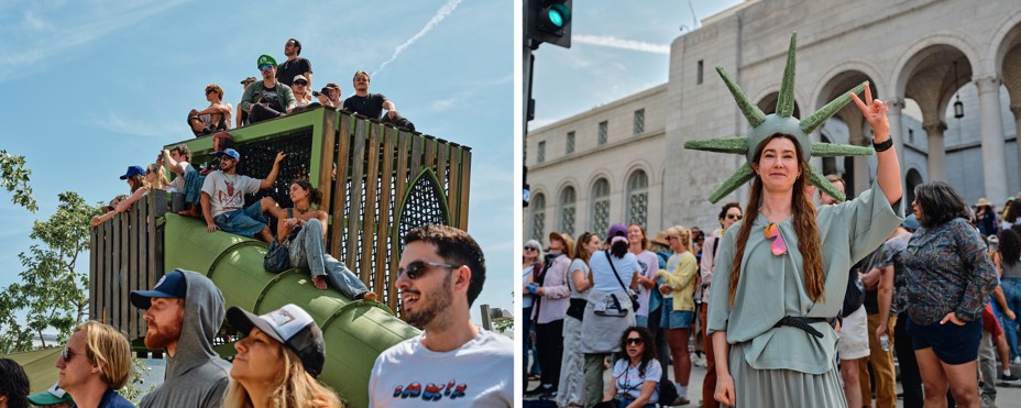In a diptych, people are gathered on top of and around a children&#39;s play-gym and a woman holds up a peace sign while dressed as the statue of liberty