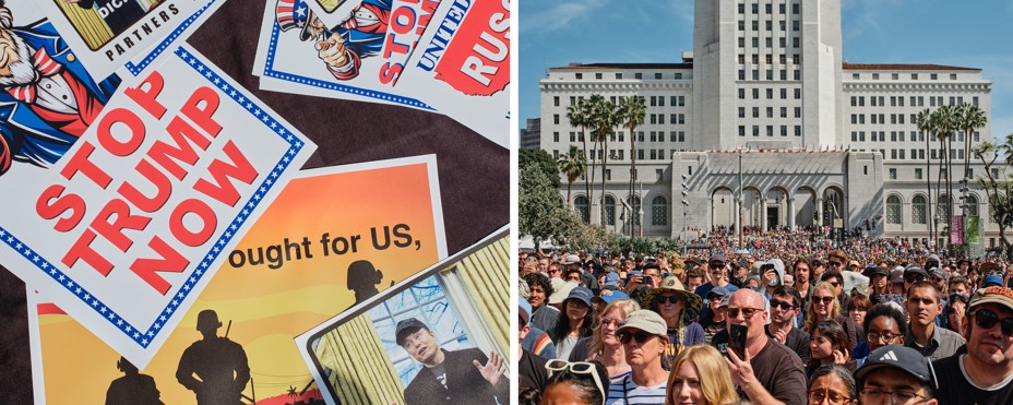 In a diptych, there are signs on a table and a crowd of thousands of people gathered in downtown Los Angeles