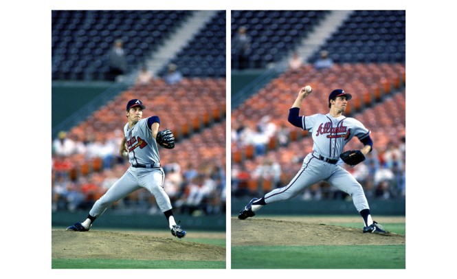 A photo of John Smoltz of the Atlanta Braves pitching against the San Diego Padres