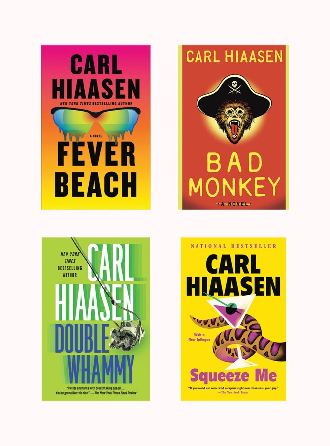 image with 4 brightly colored Hiaasen book covers: Fever Beach, Bad Monkey, Double Whammy, Squeeze Me