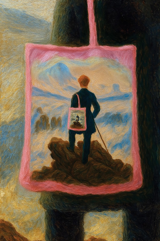illustration based on detail of Caspar David Friedrich's painting 'Wanderer above the Sea of Fog' with man in painting wearing totebag depicting man in painting wearing totebag depicting...
