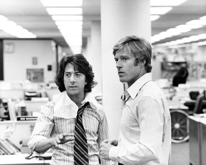 A black and white film still of Robert Redford and Dustin Hoffman in All the President's Men