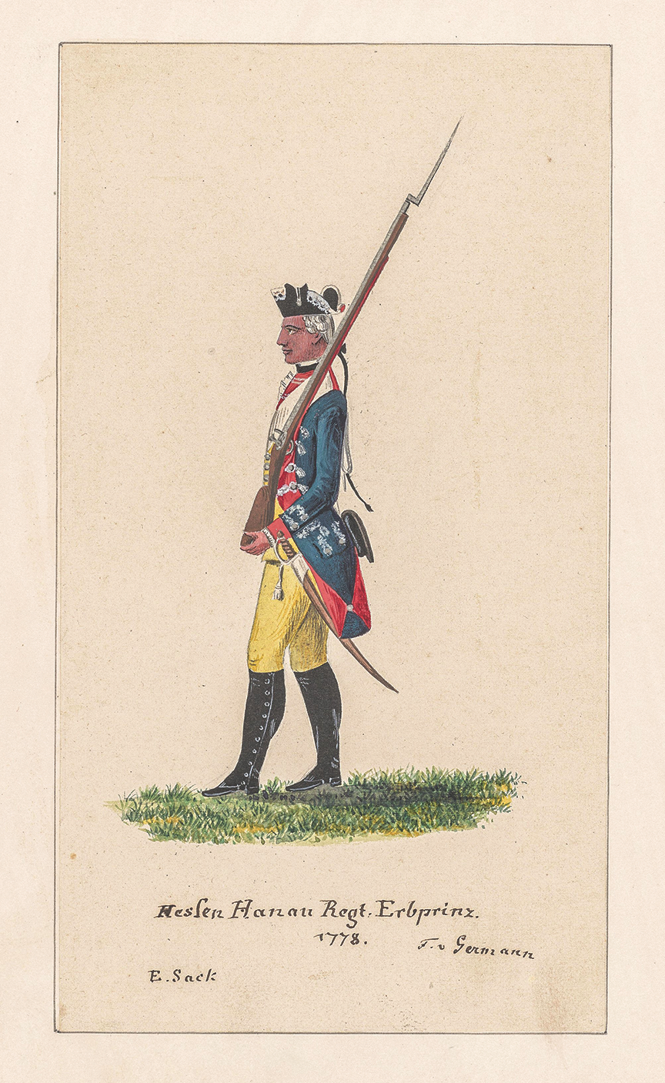 watercolor painting of man in colonial military regalia of blue and red coat and yellow breeches, holding long musket with bayonet over shoulder