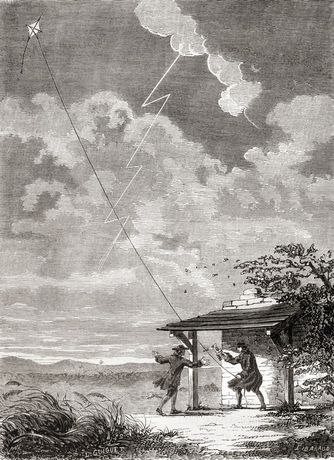 black-and-white engraving with two men under sheltered awning at bottom, one holding the long line of a kite stretching up into the sky, with storm and a bolt of lightning striking it