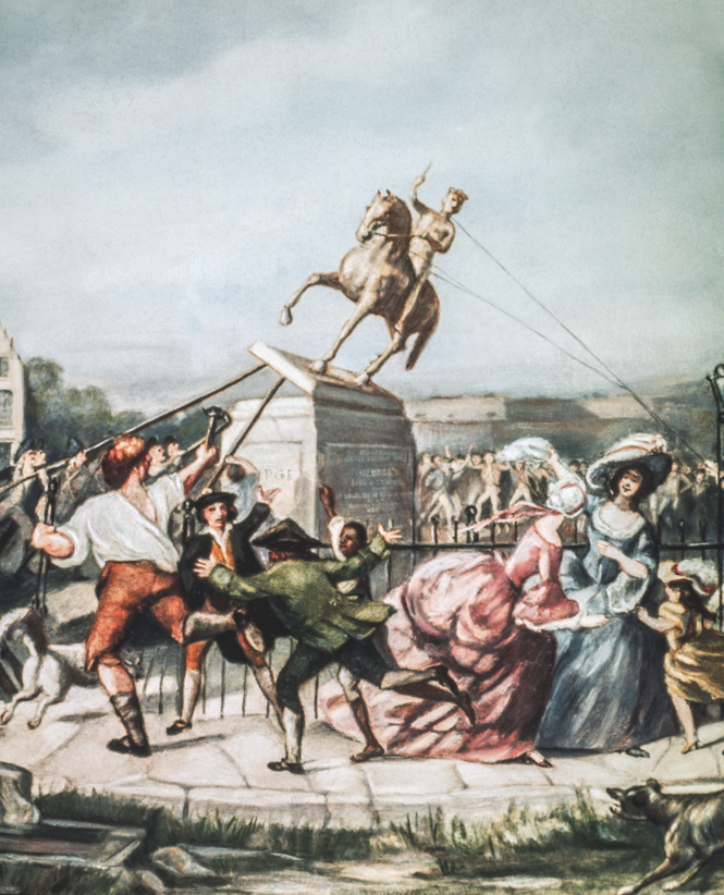 painting of celebratory crowd of people toppling an equestrian statue with ropes, with well-dressed ladies and child in foreground