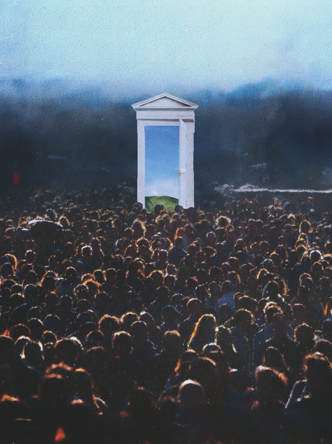 illustration with large crowd of people in foreground facing away toward white doorframe with triangular pediment in distance, door open to reveal a blue sky and green field