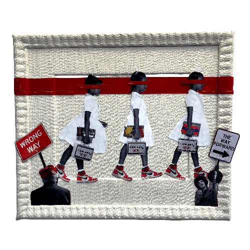 Artwork of children walking holding books and lunch boxes that read "I am art." 